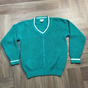 Vintage 90s Gap Sweater Womens Teal Green White Medium V Neck Preppy Classic